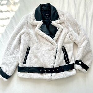 Women's White and Black Faux Fur Jacket